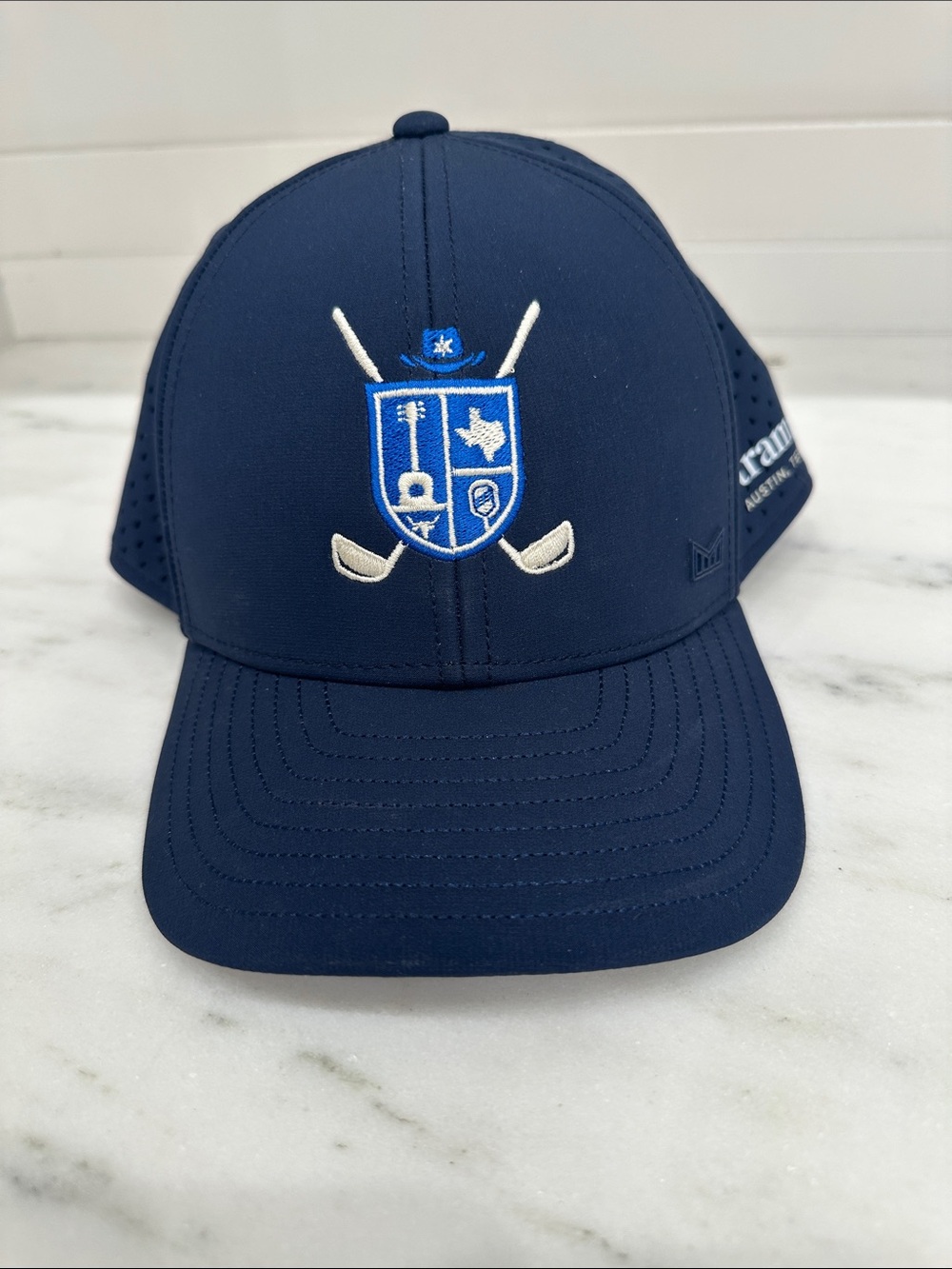 Navy Crest Golf Hat with Embroidered Shield.  Like new